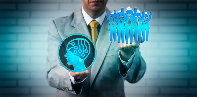 A man holding a digital brain symbol with blue human figures above it