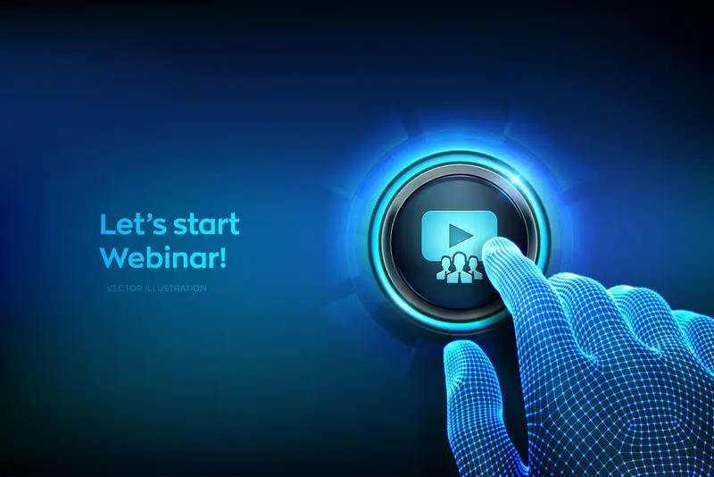 A digital hand pressing a start-webinar button