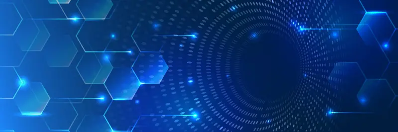 A glowing blue hexagon technology banner
