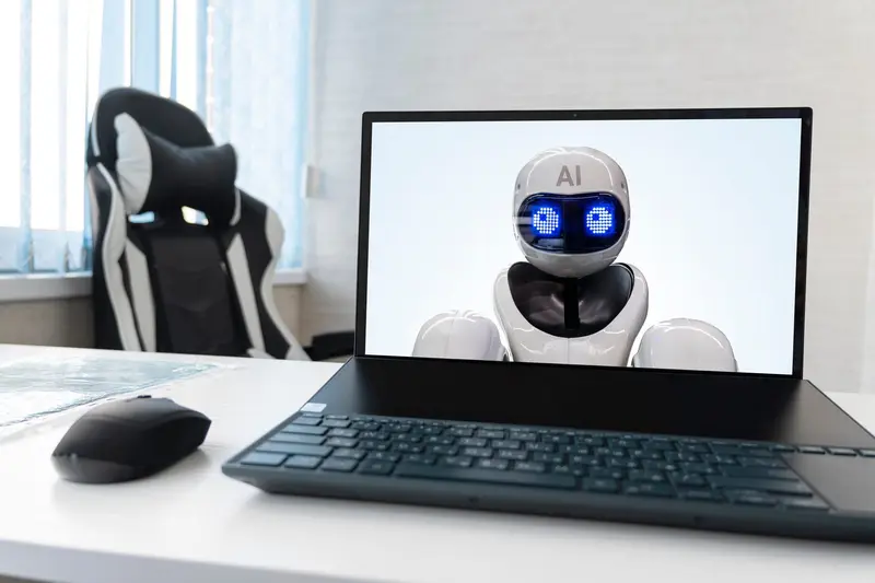 A robot appearing on a laptop screen on a desk