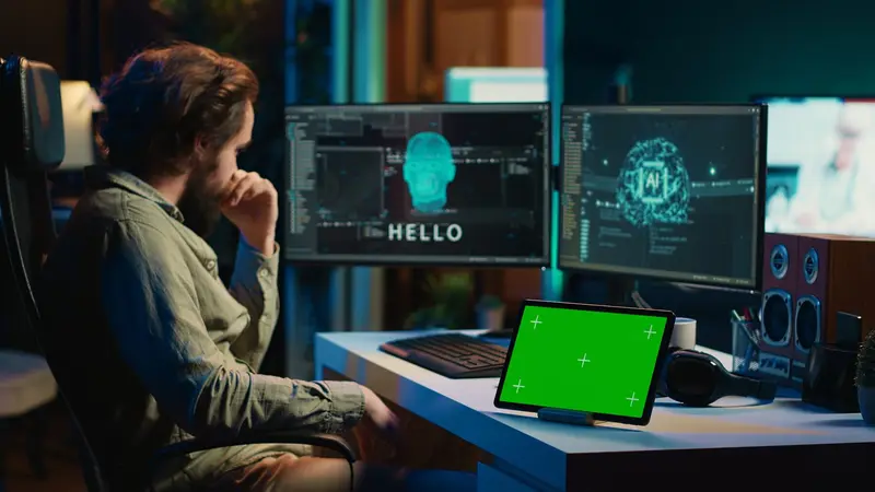 A programmer in a dim room in front of several screens