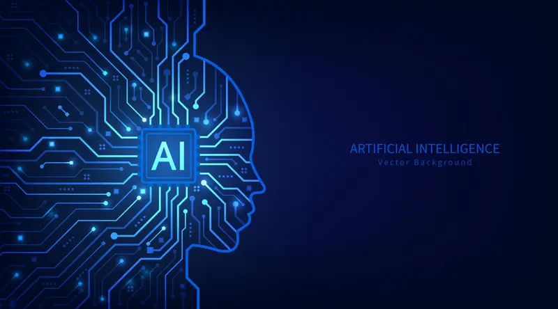A human head made of circuitry with AI at its centre
